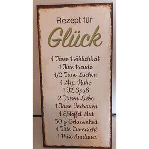 German "Rezept fur Gluck" Wood Sign Recipe for Happiness Funny Wall Hanging